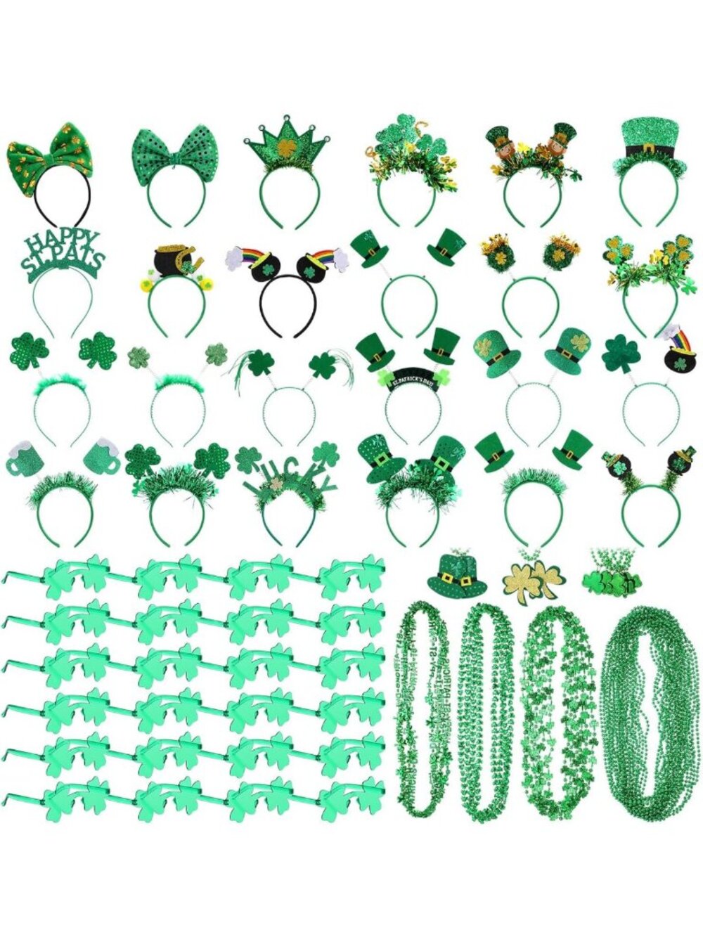 St. Patrick's Day Party Accessories Set - 24 Clover Headbands, 48 Necklaces, 24